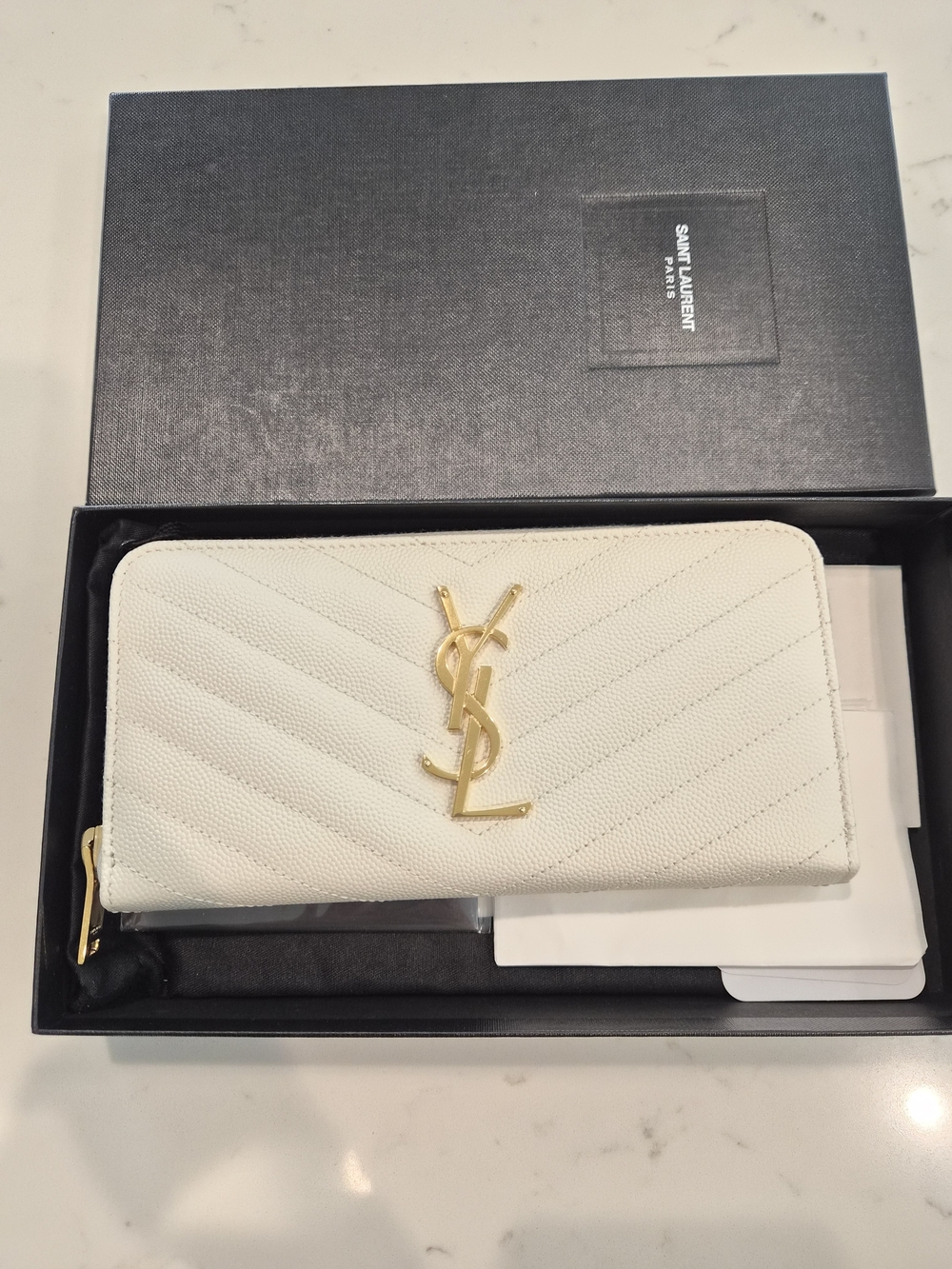 Saint Laurent White Quilted Zip-Around Wallet with Gold YSL Logo